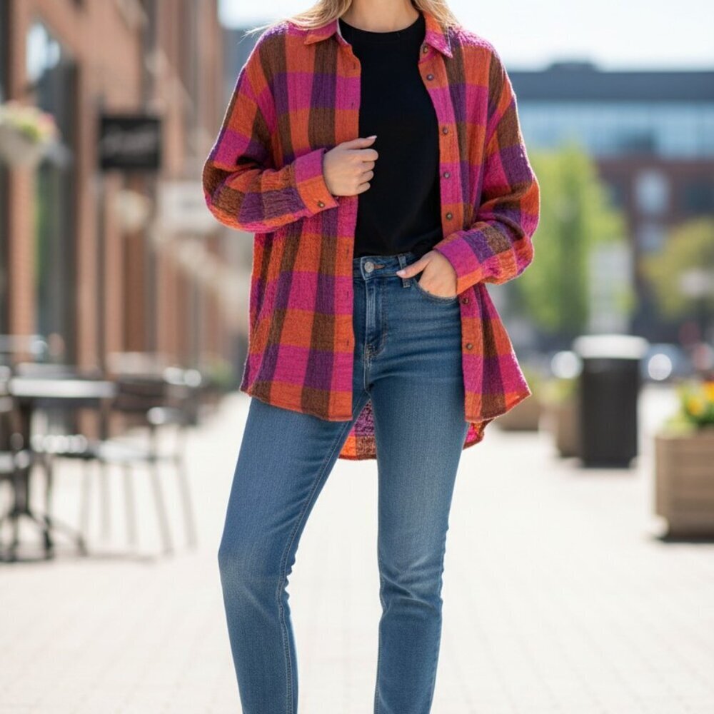 Jane & Delancey Plaid Tunic Top L Large Pink Orange Checkered Boho Fall Soft